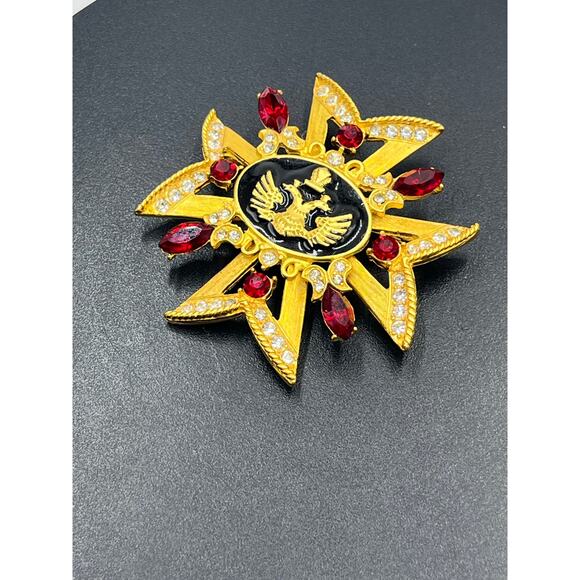 Russian Maltese Cross Red Rhinestone Black Enamel Pearl Crown Eagle Brooch - Picture 4 of 9
